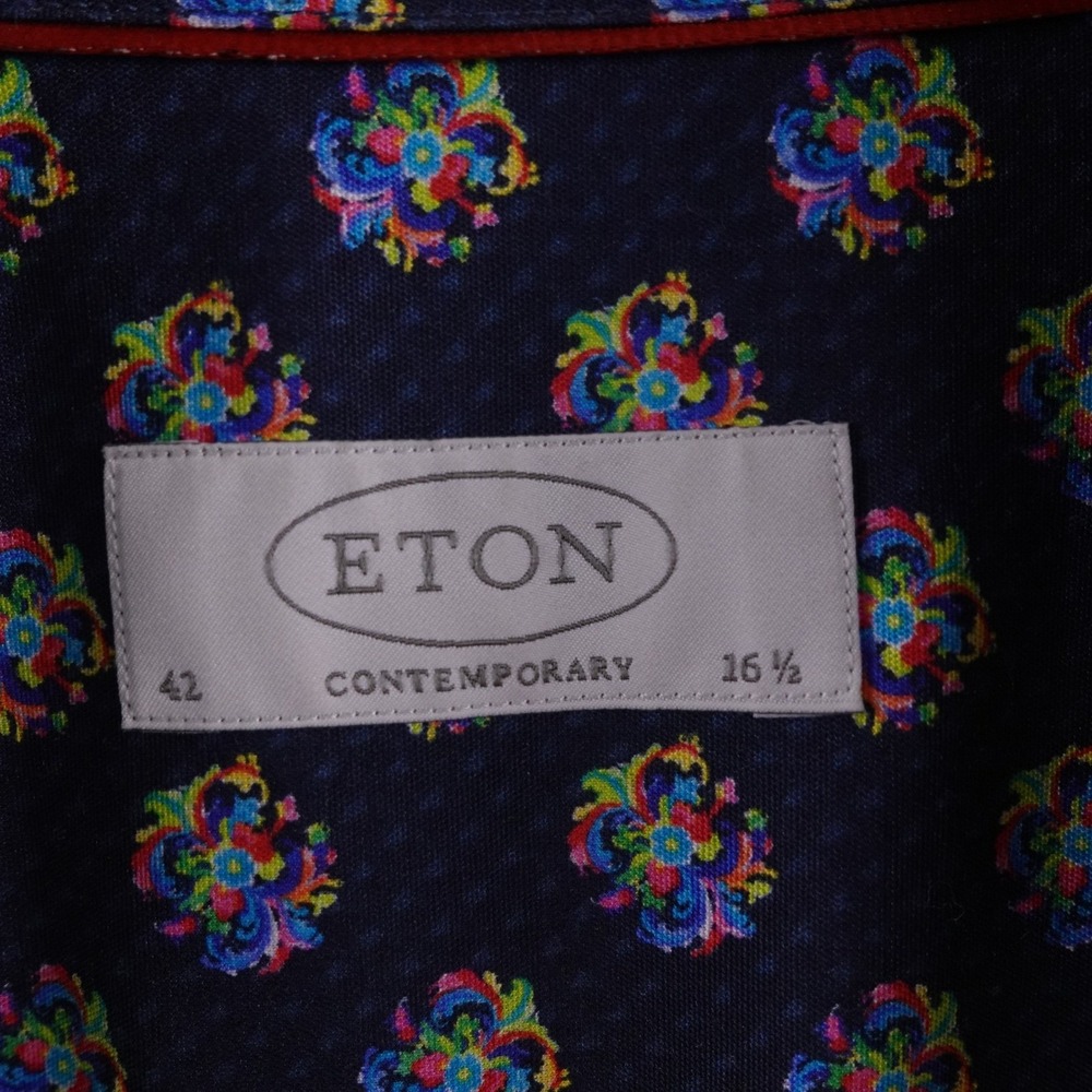 Eton Mens Contemporary Fit Navy Blue Floral Medallion Print Dress Shirt 16.5-42 - Picture 4 of 9